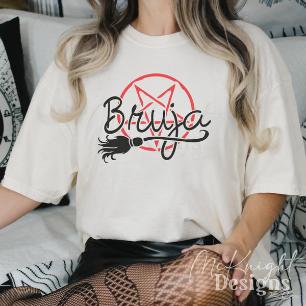 Bruja SVG PNG digital design with broom and upside-down pentacle – witchy Halloween sublimation or Cricut craft file