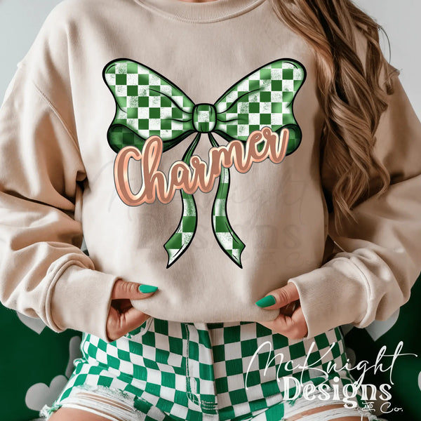 Charmer Bow PNG – girly digital design with checkered print for sublimation, DTF & UVDTF