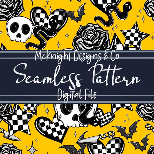 Checkered Alternative Skull, Heart, Star Seamless Pattern – Alt Print Snake Digital Design Print, Vinyl & Sublimation - McKnight Designs & Co