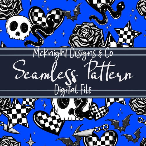Checkered Alternative Skull, Heart, Star Seamless Pattern – Alt Print Snake Digital Design Print, Vinyl & Sublimation - McKnight Designs & Co