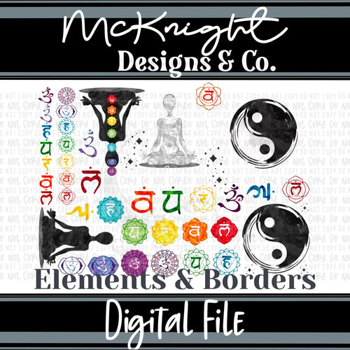Find Your Balance yoga chakra element sheet PNG with yin-yang, lotus, celestial accents & meditation symbols for printed vinyl, UVDTF & sublimation