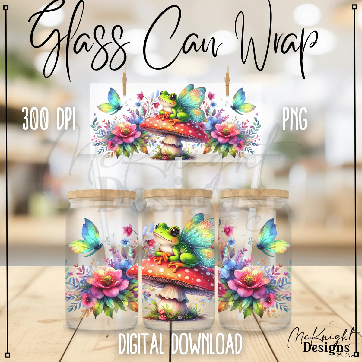 Whimsical Fairy Frog on Mushroom digital PNG wrap with butterflies & floral watercolor for 16 oz glass cans, sublimation & UVDTF printing