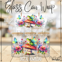 Whimsical Fairy Frog on Mushroom digital PNG wrap with butterflies & floral watercolor for 16 oz glass cans, sublimation & UVDTF printing