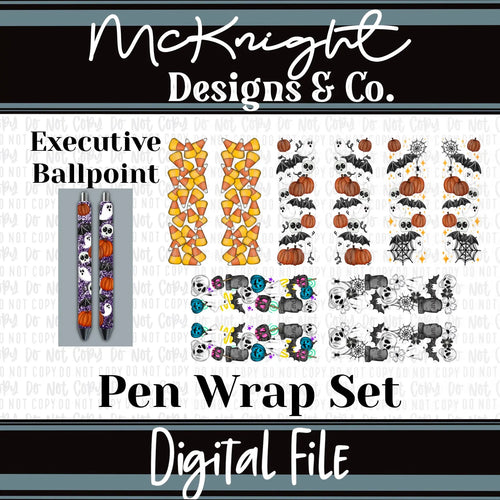 Halloween Pen Wrap Digital Design Set – 8-14 spooky printed vinyl, UVDTF & sublimation wrap designs for custom ink pens