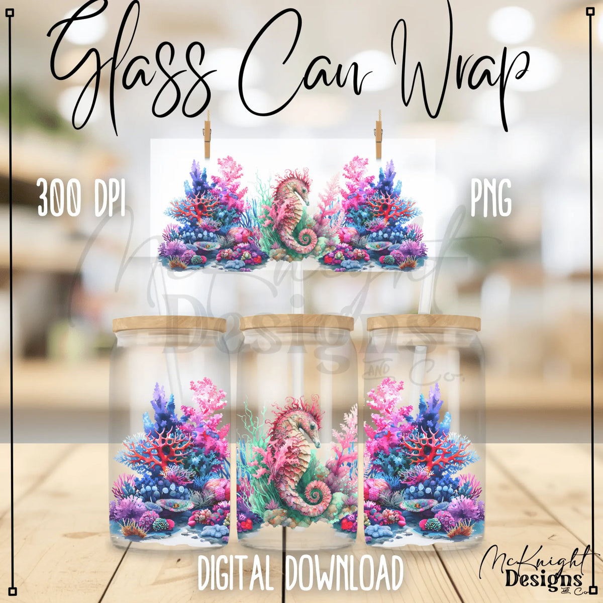 Kids Ocean Seahorse & Coral Reef digital PNG wrap for 16 oz glass cans, sublimation & UVDTF printing