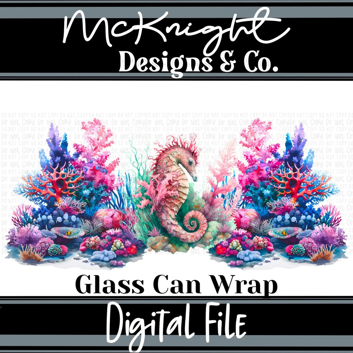 Can Wrap Digital Design - Seahorse & Coral Watercolor - McKnight Designs & Co