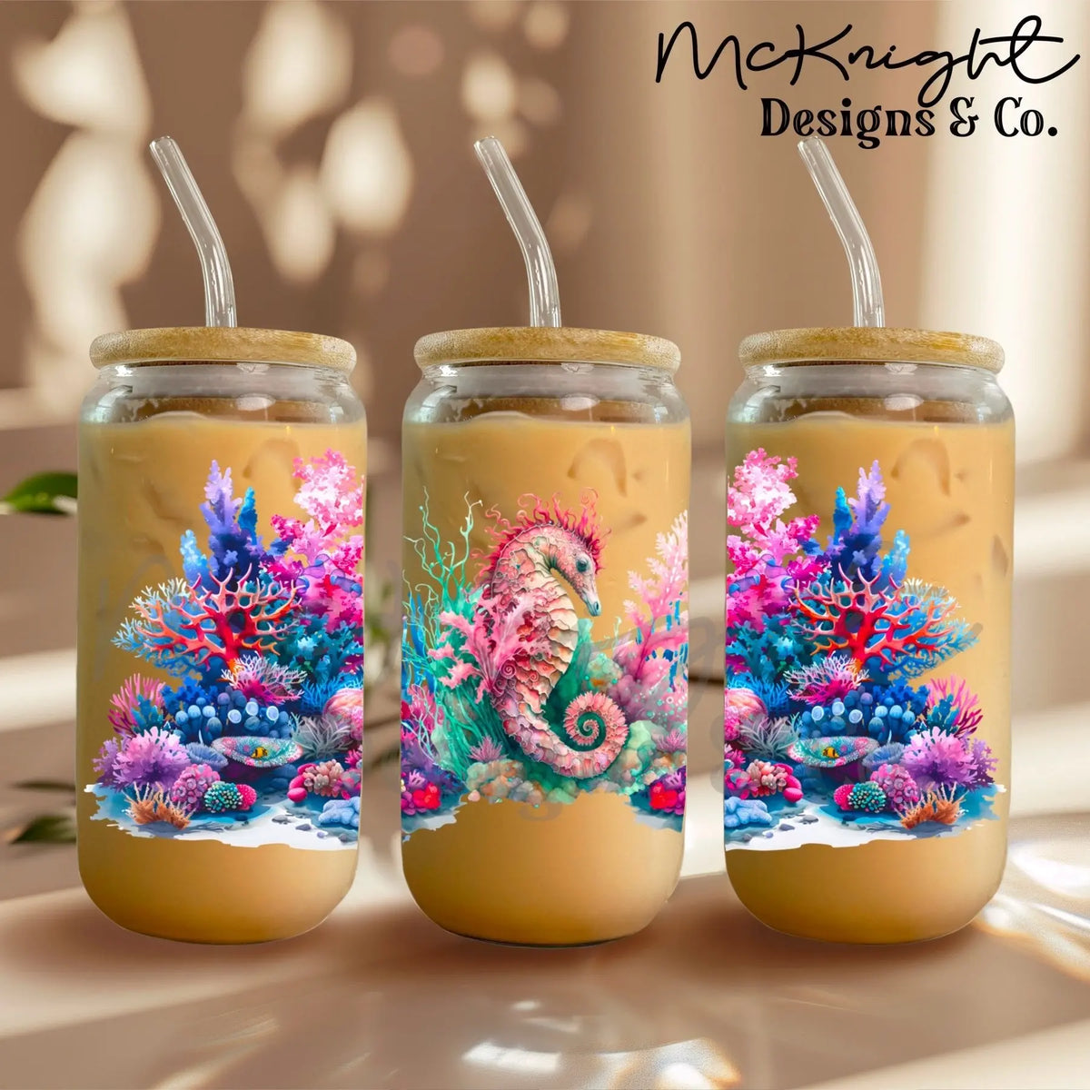 Can Wrap Digital Design - Seahorse & Coral Watercolor - McKnight Designs & Co