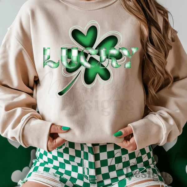 Lucky PNG – green & white checkered print digital design with shamrock background for sublimation, DTF, and UVDTF