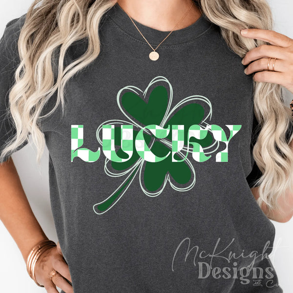 Lucky PNG – green & white checkered print digital design with shamrock background for sublimation, DTF, and UVDTF