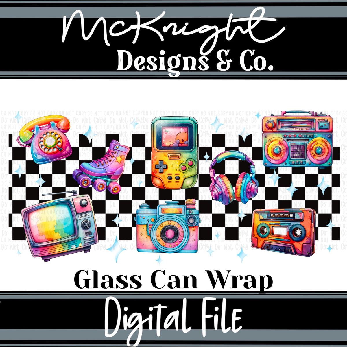 Retro Neon Tech 16oz Glass Can Wrap PNG – Checkerboard Watercolor Electronics – 90s Aesthetic Digital Download McKnight Designs & Co 16 Oz Can Wrap