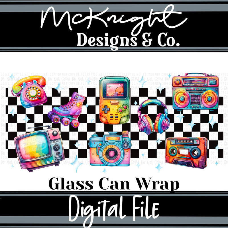 Retro Neon Tech 16oz Glass Can Wrap PNG – Checkerboard Watercolor Electronics – 90s Aesthetic Digital Download McKnight Designs & Co 16 Oz Can Wrap