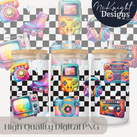 Retro Neon Tech 16oz Glass Can Wrap PNG – Checkerboard Watercolor Electronics – 90s Aesthetic Digital Download McKnight Designs & Co 16 Oz Can Wrap