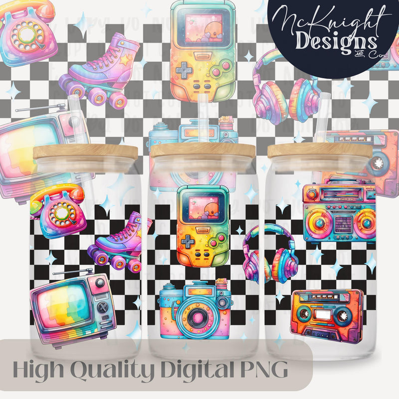 Retro Neon Tech 16oz Glass Can Wrap PNG – Checkerboard Watercolor Electronics – 90s Aesthetic Digital Download McKnight Designs & Co 16 Oz Can Wrap