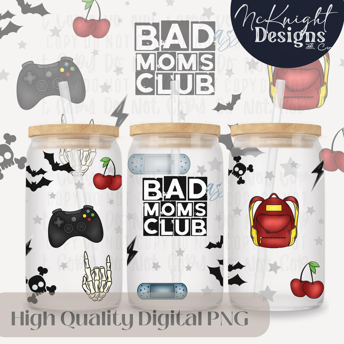 Bad Moms Club 16oz Glass Can Wrap PNG | Edgy Mom Life Design | Gamer Mom | Cherries Bats Lightning McKnight Designs & Co 16 Oz Can Wrap