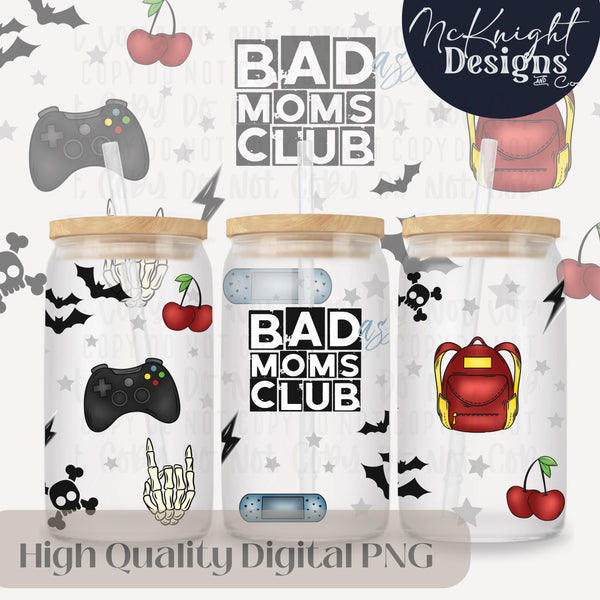 Bad Moms Club 16oz Glass Can Wrap PNG | Edgy Mom Life Design | Gamer Mom | Cherries Bats Lightning McKnight Designs & Co 16 Oz Can Wrap