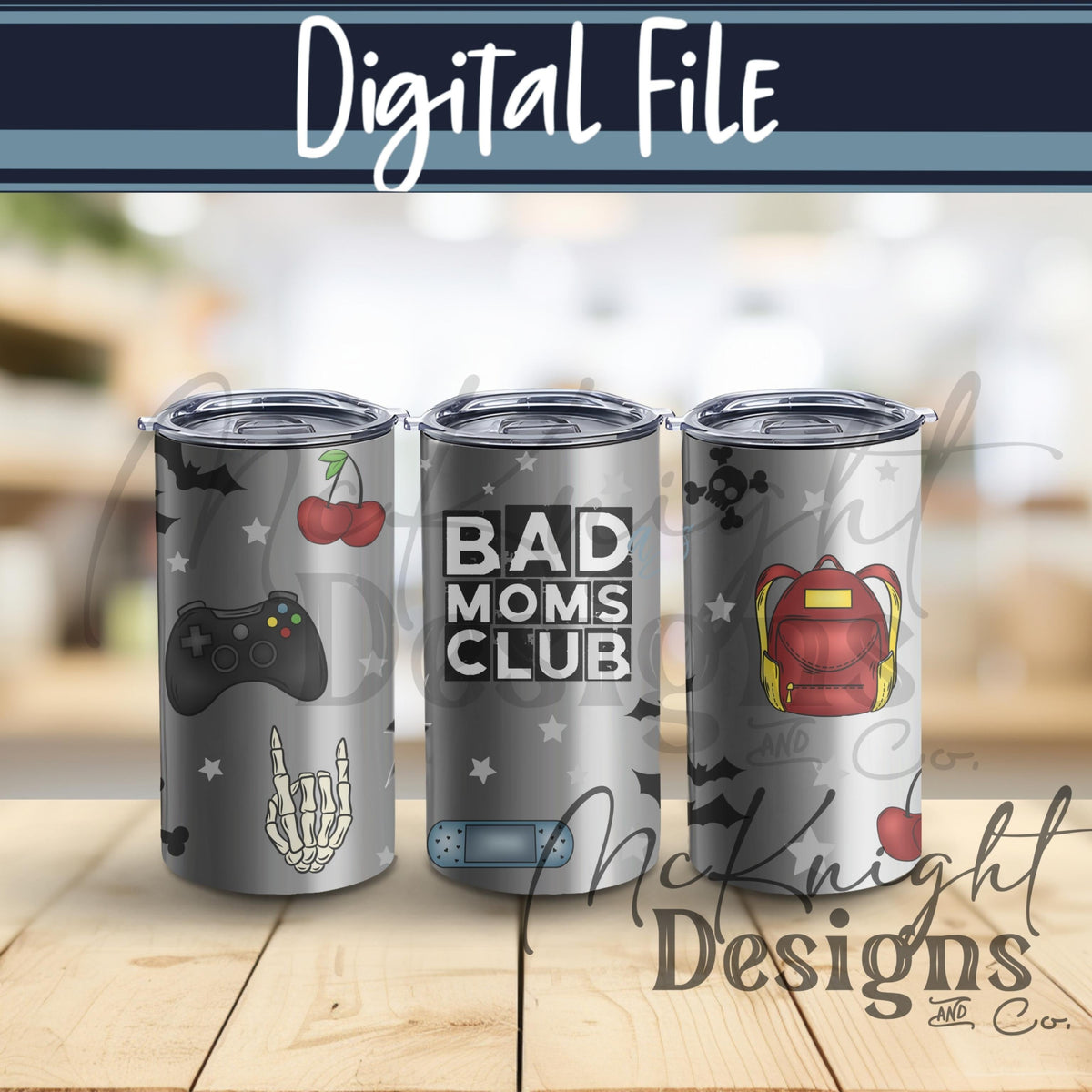 Bad Moms Club 16oz Glass Can Wrap PNG | Edgy Mom Life Design | Gamer Mom | Cherries Bats Lightning McKnight Designs & Co 16 Oz Can Wrap