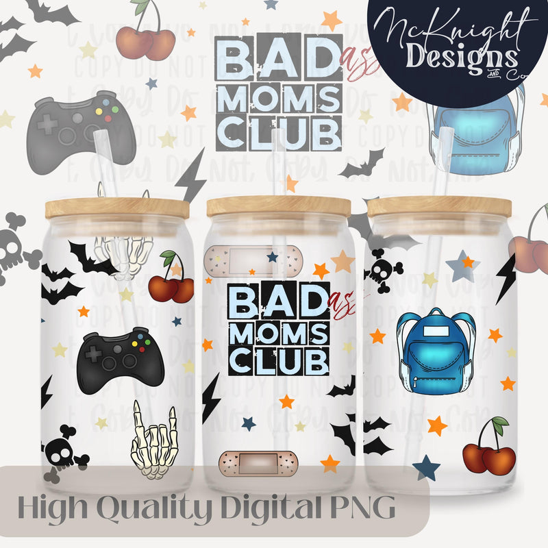 Bad Moms Club 16oz Glass Can Wrap PNG | Edgy Mom Life Design | Gamer Mom | Cherries Bats Lightning McKnight Designs & Co 16 Oz Can Wrap