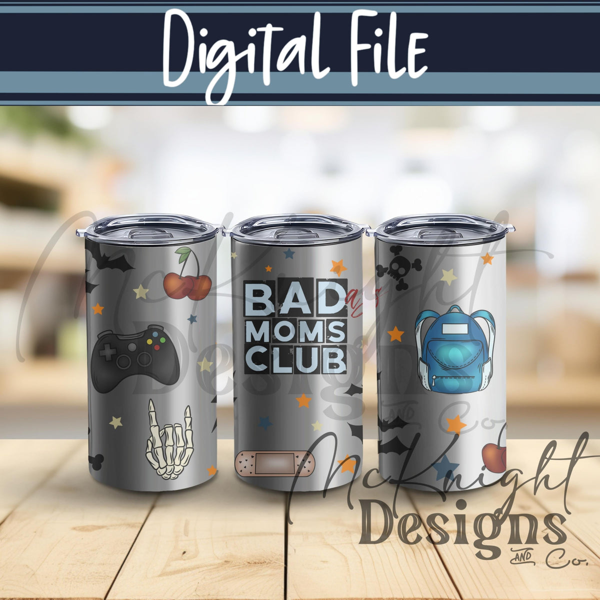 Bad Moms Club 16oz Glass Can Wrap PNG | Edgy Mom Life Design | Gamer Mom | Cherries Bats Lightning McKnight Designs & Co 16 Oz Can Wrap