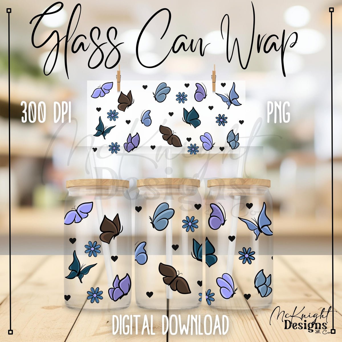 Spring Floral | Butterfly & Hearts | 16 oz Can Wrap Digital Design | PNG UVDTF & Sublimation McKnight Designs & Co 16 Oz Can Wrap