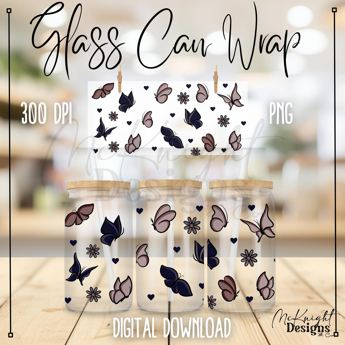 Spring Floral | Butterfly & Hearts | 16 oz Can Wrap Digital Design | PNG UVDTF & Sublimation McKnight Designs & Co 16 Oz Can Wrap