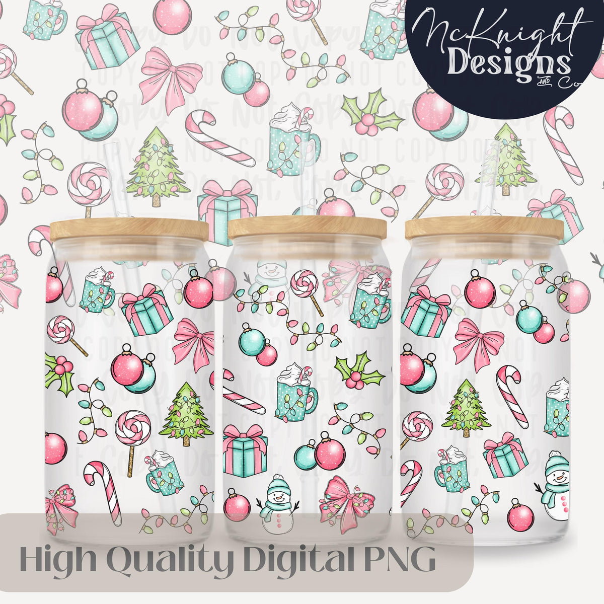 Pastel Christmas Glass Can Wrap 16 oz PNG – Pink & Teal Holiday Ornaments, Gifts, Candy Canes & Snowmen McKnight Designs & Co 16 Oz Can Wrap