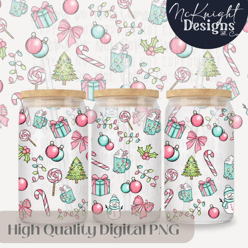 Pastel Christmas Glass Can Wrap 16 oz PNG – Pink & Teal Holiday Ornaments, Gifts, Candy Canes & Snowmen McKnight Designs & Co 16 Oz Can Wrap