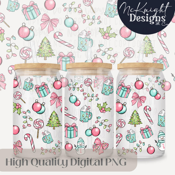 Pastel Christmas Glass Can Wrap 16 oz PNG – Pink & Teal Holiday Ornaments, Gifts, Candy Canes & Snowmen McKnight Designs & Co 16 Oz Can Wrap