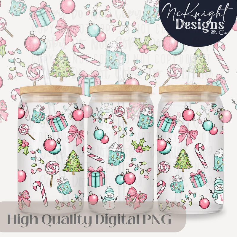 Pastel Christmas Glass Can Wrap 16 oz PNG – Pink & Teal Holiday Ornaments, Gifts, Candy Canes & Snowmen McKnight Designs & Co 16 Oz Can Wrap