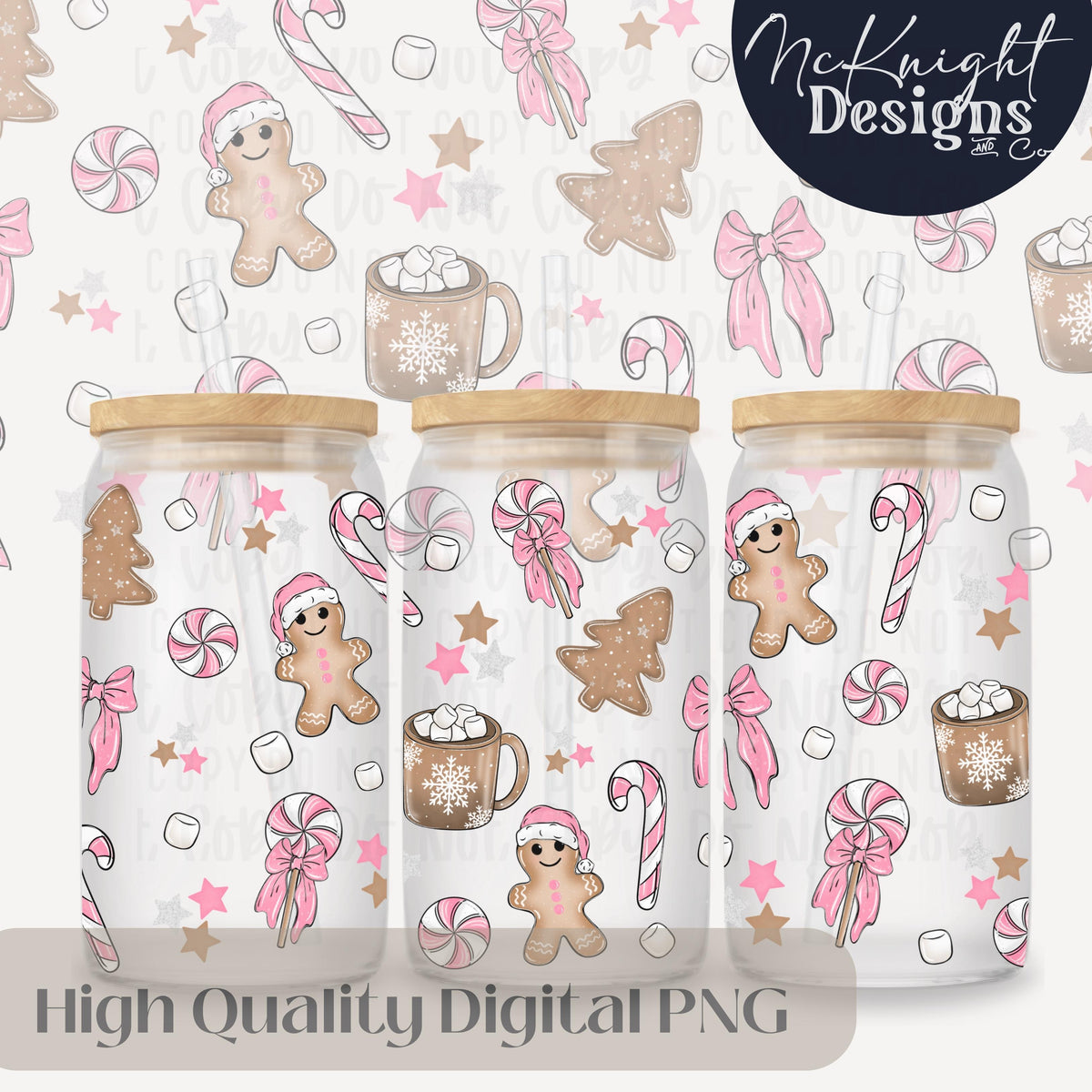 Pink Gingerbread Christmas 16oz Can Glass Wrap PNG | Holiday Cookies, Peppermint & Hot Cocoa McKnight Designs & Co 16 Oz Can Wrap