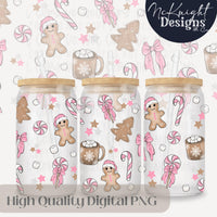 Pink Gingerbread Christmas 16oz Can Glass Wrap PNG | Holiday Cookies, Peppermint & Hot Cocoa McKnight Designs & Co 16 Oz Can Wrap