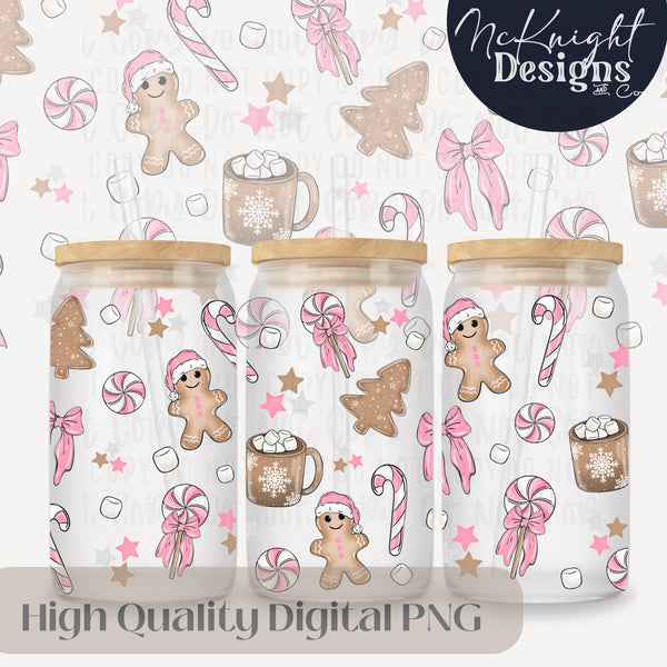 Pink Gingerbread Christmas 16oz Can Glass Wrap PNG | Holiday Cookies, Peppermint & Hot Cocoa McKnight Designs & Co 16 Oz Can Wrap