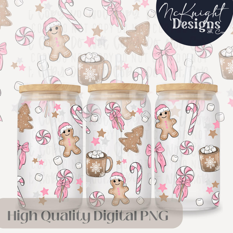 Pink Gingerbread Christmas 16oz Can Glass Wrap PNG | Holiday Cookies, Peppermint & Hot Cocoa McKnight Designs & Co 16 Oz Can Wrap