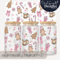 Pink Gingerbread Christmas 16oz Can Glass Wrap PNG | Holiday Cookies, Peppermint & Hot Cocoa McKnight Designs & Co 16 Oz Can Wrap