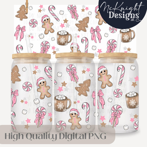 Pink Gingerbread Christmas 16oz Can Glass Wrap PNG | Holiday Cookies, Peppermint & Hot Cocoa McKnight Designs & Co 16 Oz Can Wrap
