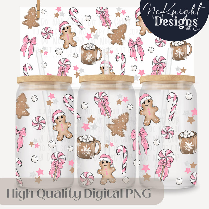 Pink Gingerbread Christmas 16oz Can Glass Wrap PNG | Holiday Cookies, Peppermint & Hot Cocoa McKnight Designs & Co 16 Oz Can Wrap
