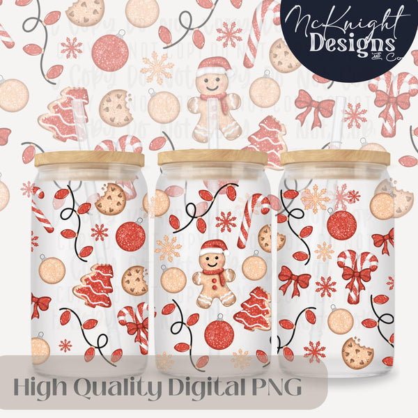 Glitter Gingerbread Christmas 16oz Can Glass Wrap PNG | Holiday Cookies, Candy Canes & Festive Lights McKnight Designs & Co 16 Oz Can Wrap