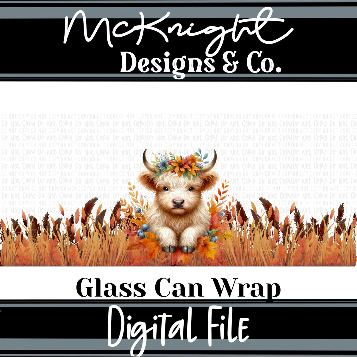 Fall Highland Cow 16oz Glass Can Wrap PNG | Autumn Floral Cow | Sublimation & UVDTF Wrap McKnight Designs & Co 16 Oz Can Wrap