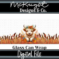Fall Highland Cow 16oz Glass Can Wrap PNG | Autumn Floral Cow | Sublimation & UVDTF Wrap McKnight Designs & Co 16 Oz Can Wrap