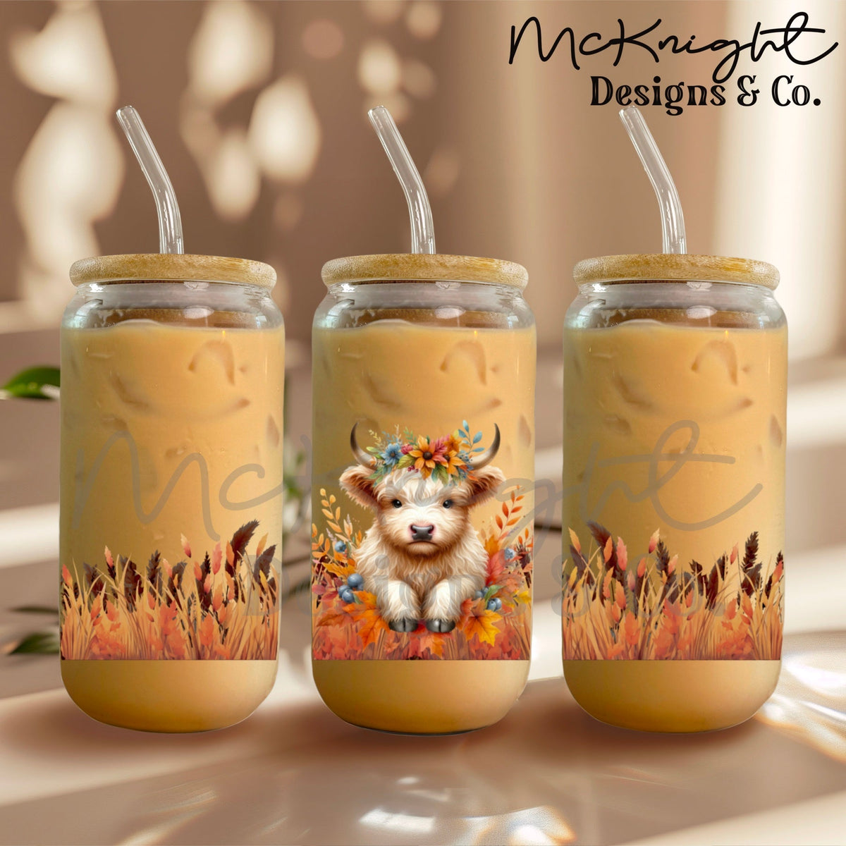 Fall Highland Cow 16oz Glass Can Wrap PNG | Autumn Floral Cow | Sublimation & UVDTF Wrap McKnight Designs & Co 16 Oz Can Wrap