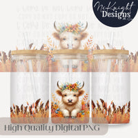 Fall Highland Cow 16oz Glass Can Wrap PNG | Autumn Floral Cow | Sublimation & UVDTF Wrap McKnight Designs & Co 16 Oz Can Wrap