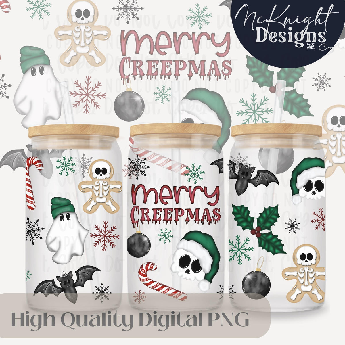 Merry Creepmas Glass Can Wrap PNG – Spookmas Ghost & Skeleton Christmas – Gothic Holiday 16oz McKnight Designs & Co 16 Oz Can Wrap