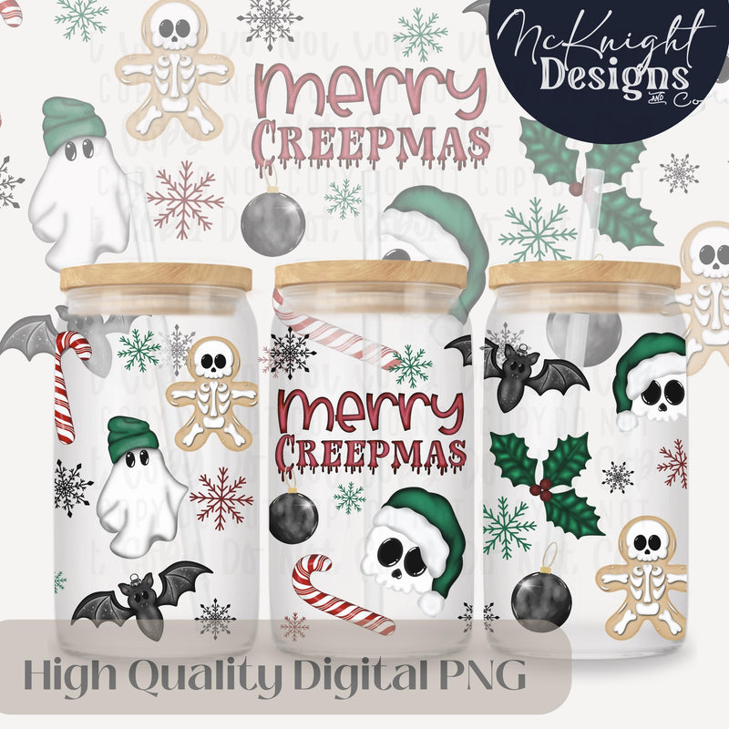 Merry Creepmas Glass Can Wrap PNG – Spookmas Ghost & Skeleton Christmas – Gothic Holiday 16oz McKnight Designs & Co 16 Oz Can Wrap