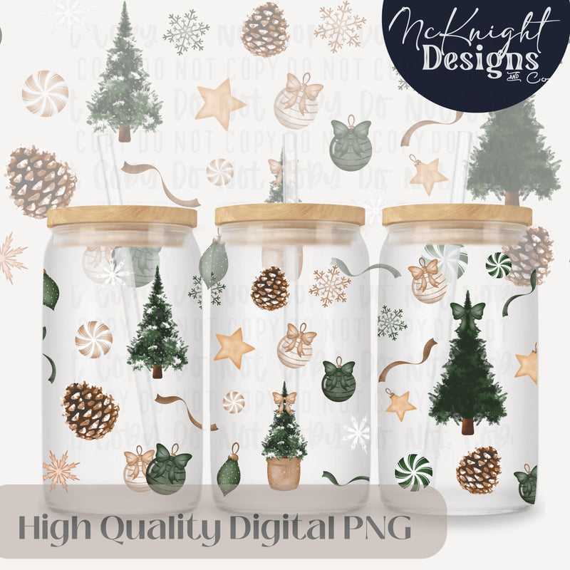 Rustic Pine Christmas Glass Can Wrap PNG 16oz – Neutral Holiday Trees, Pinecones & Ornaments McKnight Designs & Co 16 Oz Can Wrap