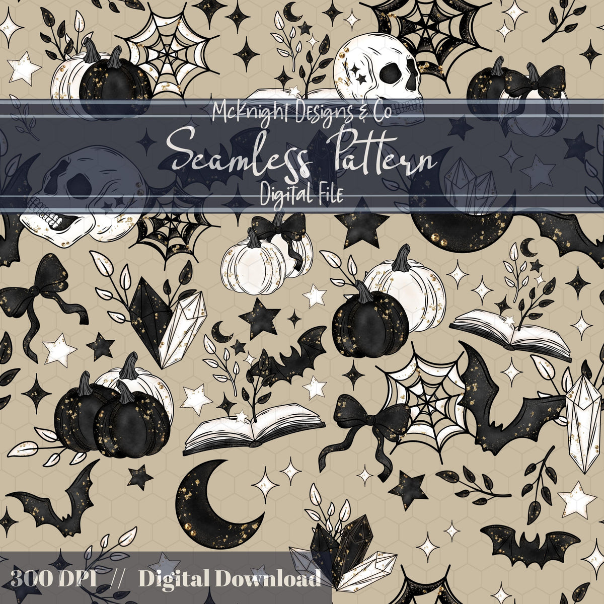 Spooky Bookish Seamless Pattern – Gothic Halloween PNG File (6 Variants) McKnight Designs & Co Seamless Pattern File
