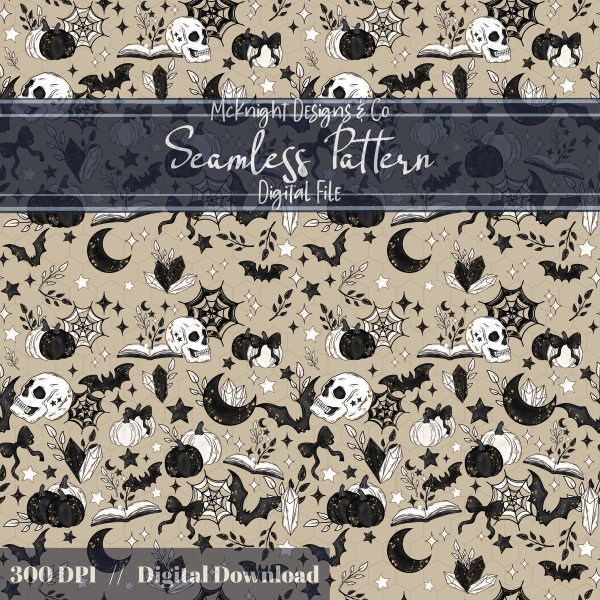 Spooky Bookish Seamless Pattern – Gothic Halloween PNG File (6 Variants) McKnight Designs & Co Seamless Pattern File
