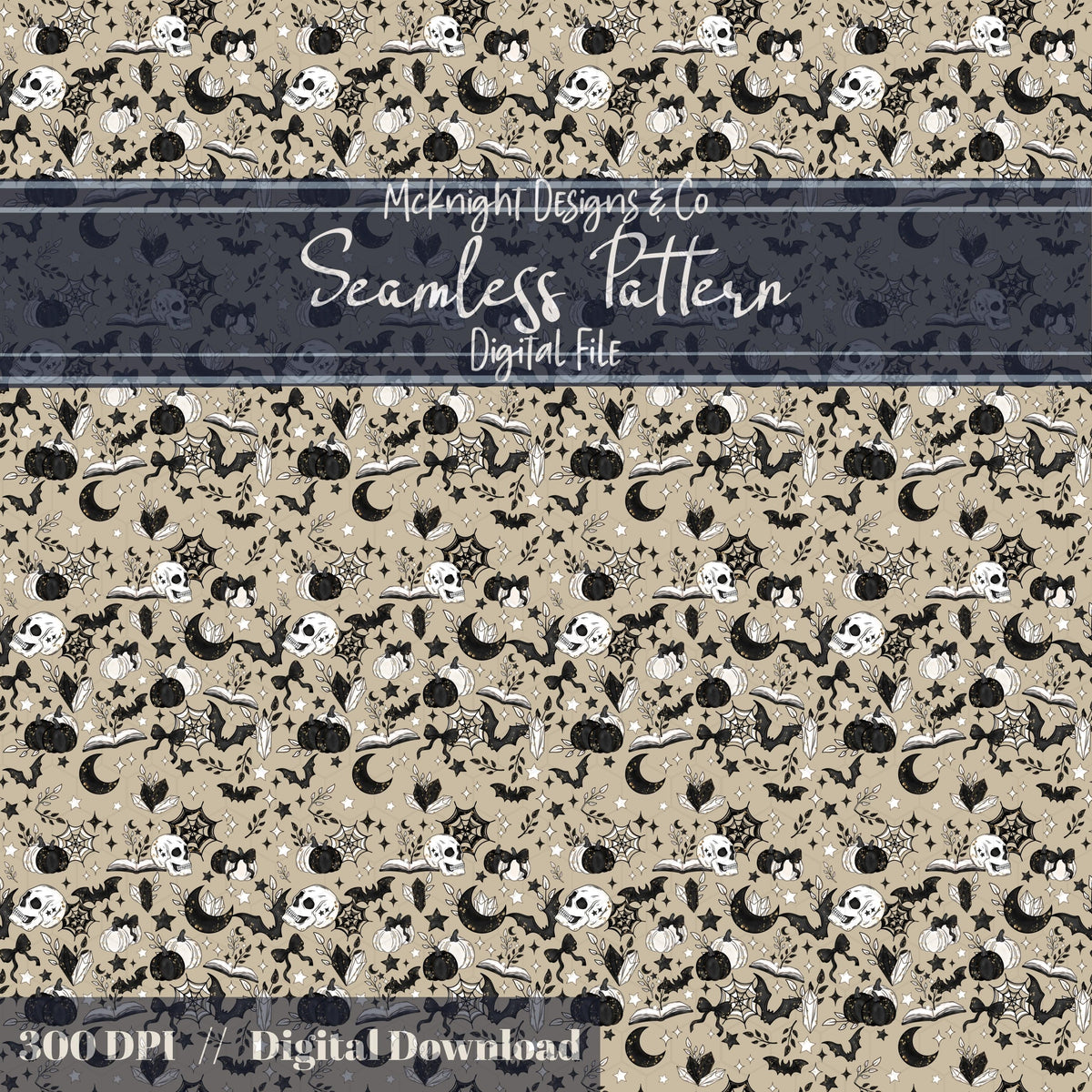 Spooky Bookish Seamless Pattern – Gothic Halloween PNG File (6 Variants) McKnight Designs & Co Seamless Pattern File