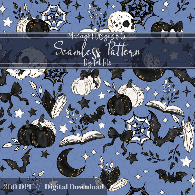Spooky Bookish Seamless Pattern – Gothic Halloween PNG File (6 Variants) McKnight Designs & Co Seamless Pattern File