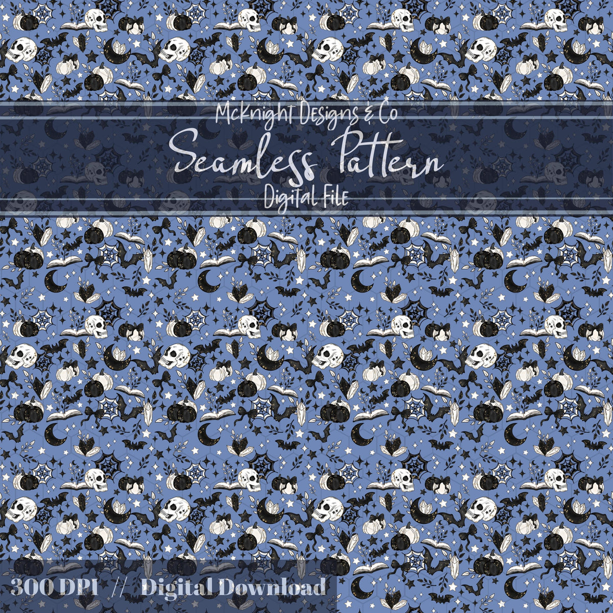 Spooky Bookish Seamless Pattern – Gothic Halloween PNG File (6 Variants) McKnight Designs & Co Seamless Pattern File
