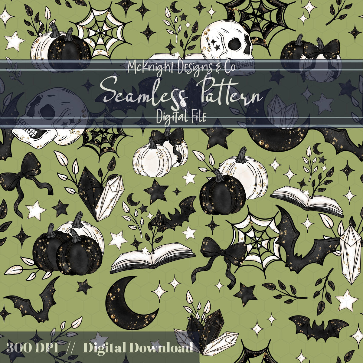 Spooky Bookish Seamless Pattern – Gothic Halloween PNG File (6 Variants) McKnight Designs & Co Seamless Pattern File