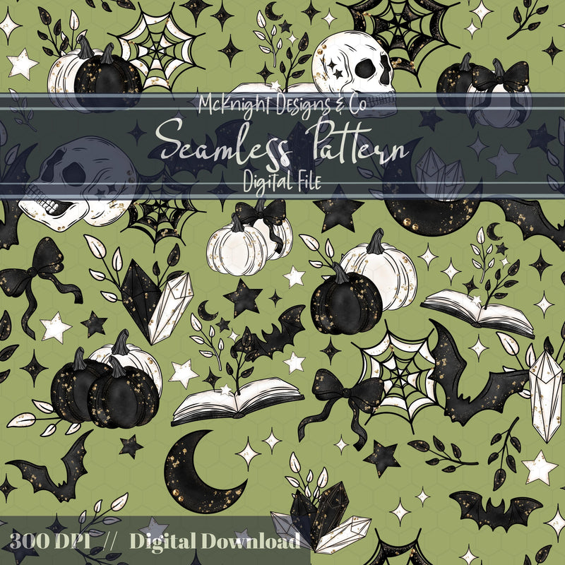 Spooky Bookish Seamless Pattern – Gothic Halloween PNG File (6 Variants) McKnight Designs & Co Seamless Pattern File